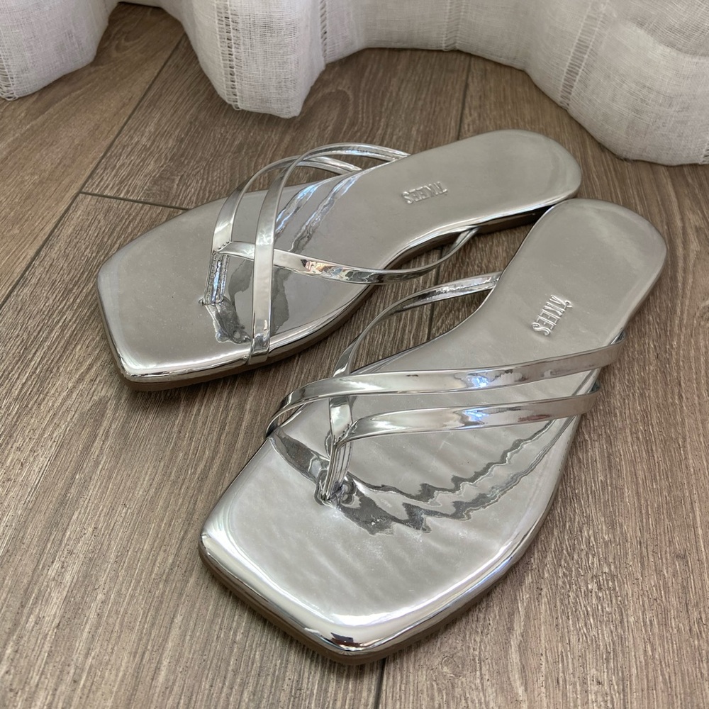 TKEES Mirrored Square Toe Silver Women's Sandals NEW